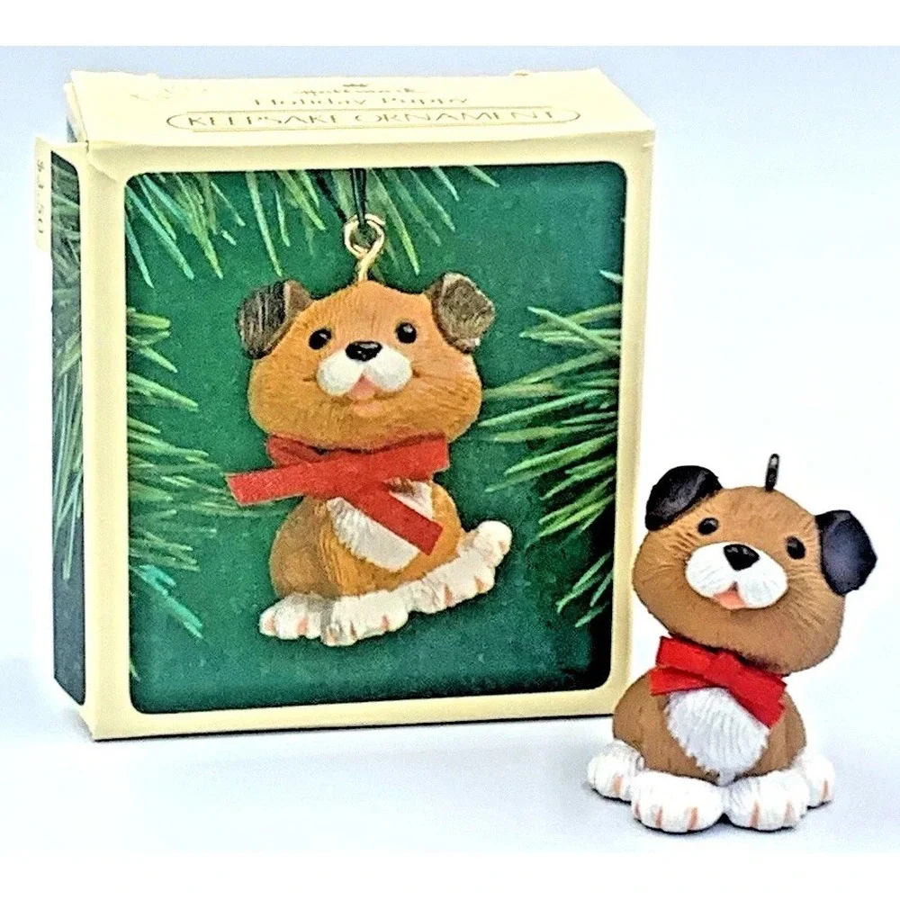 Holiday Puppy Hallmark Keepsake Ornament‎ 1983 Dog Red Ribbon Vintage
